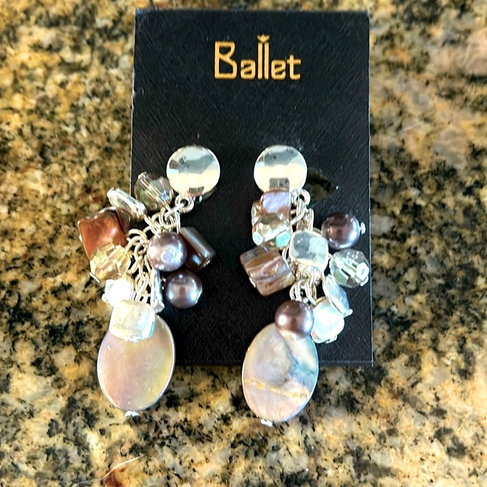 Ballet Silver Beaded Mother of Pearl Dangly Clip on Earrings NWT